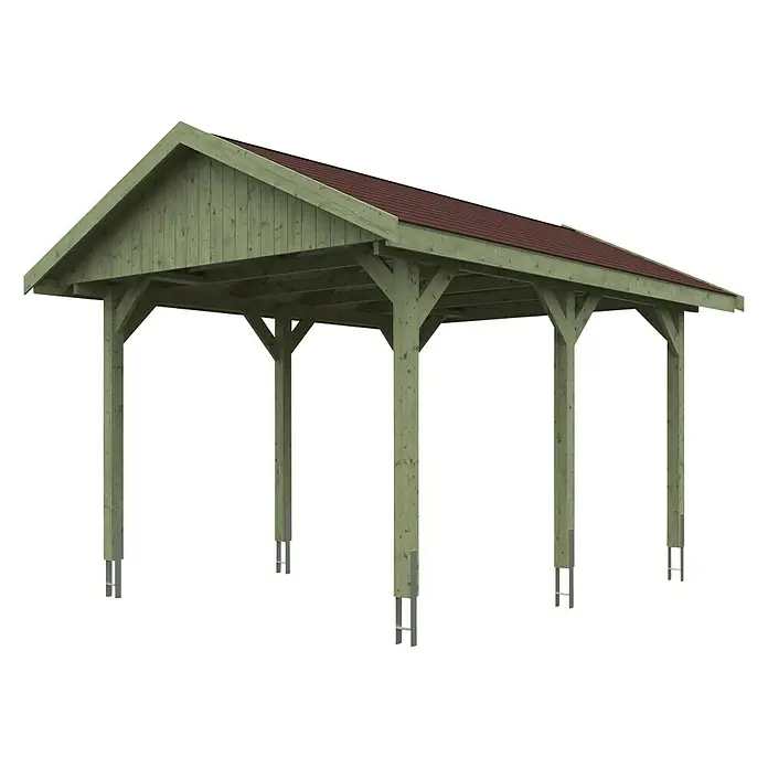 SKAN HOLZ Carport Wallgau - Außenmaß inkl. Dachüberstand (B x T): 3,8 x 5 m, Einzelcarport, Grün, Farbe Dach: Rot - Carport aus Holz mit rotem Dach. Der Unterstand ist durch Säulen verstärkt und bietet Schutz für Fahrzeuge vor Wettereinflüssen.
