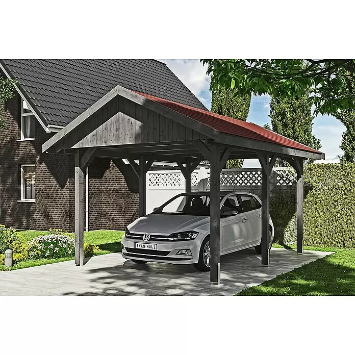 SKAN HOLZ Carport Wallgau - Außenmaß inkl. Dachüberstand (B x T): 3,8 x 5 m, Einzelcarport, Schiefergrau, Rote Bitumenschindeln - Anwendungsbeispiel
