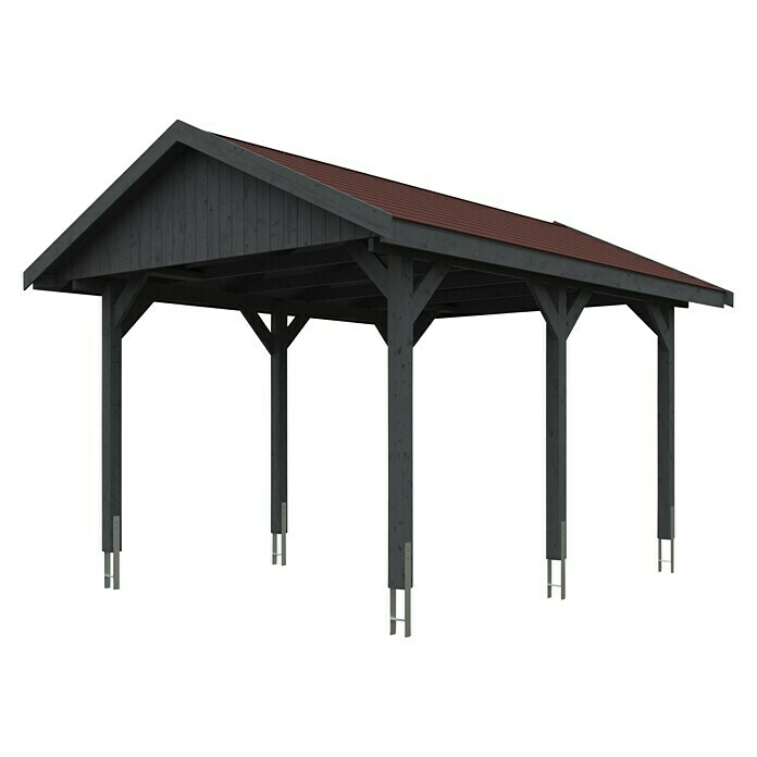 Skan Holz Carport Wallgau (Außenmaß inkl. Dachüberstand (B x T): 3,8 x 5 m, Einzelcarport, Schiefergrau, Rote Bitumenschindeln) | BAUHAUS