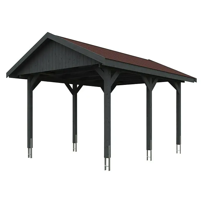 SKAN HOLZ Carport Wallgau - Außenmaß inkl. Dachüberstand (B x T): 3,8 x 5 m, Einzelcarport, Schiefergrau, Rote Bitumenschindeln - Dieses Bild zeigt ein modernes, graues Carport mit einem roten Dach. Das Carport ist aus Holz gefertigt und steht auf einem schwarzen Hintergrund.