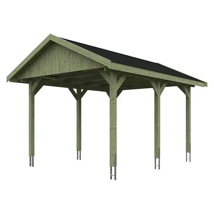 SKAN HOLZ Carport Wallgau - Außenmaß inkl. Dachüberstand (B x T): 3,8 x 5 m, Einzelcarport, Grün, Farbe Dach: Schwarz - Die Abbildung zeigt eine freistehende Holzkonstruktion, möglicherweise ein Carport oder Pavillon, mit einem dunklen Dach und robusten Pfosten.