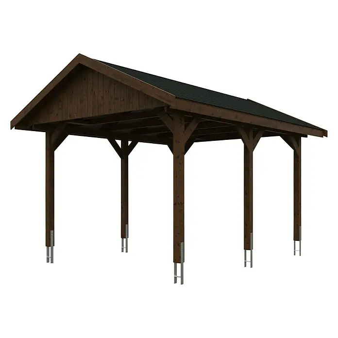 SKAN HOLZ Carport Wallgau - Außenmaß inkl. Dachüberstand (B x T): 3,8 x 5 m, Einzelcarport, Nussbaum, Schwarze Bitumenschindeln - Ein Carport aus Holz mit dunklem Dach und stabilen Säulen, die auf Metallankern stehen. Ideal für den Schutz Ihres Fahrzeugs vor Witterungseinflüssen.
