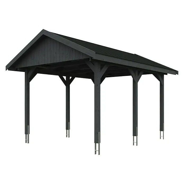 SKAN HOLZ Carport Wallgau - Außenmaß inkl. Dachüberstand (B x T): 3,8 x 5 m, Einzelcarport, Schiefergrau, Schwarze Bitumenschindeln - Ein Carport aus Holz mit einem dunklen Anstrich und einem einfachen, aber eleganten Design, das Schutz vor den Elementen bietet.