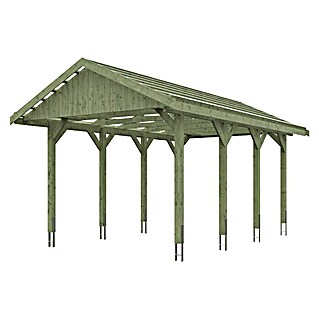 Skan Holz Carport Wallgau (Außenmaß inkl. Dachüberstand (B x T): 3,8 x 6 m, Einzelcarport, Grün, Dachlatten zur Eindeckung mit Dachziegeln)