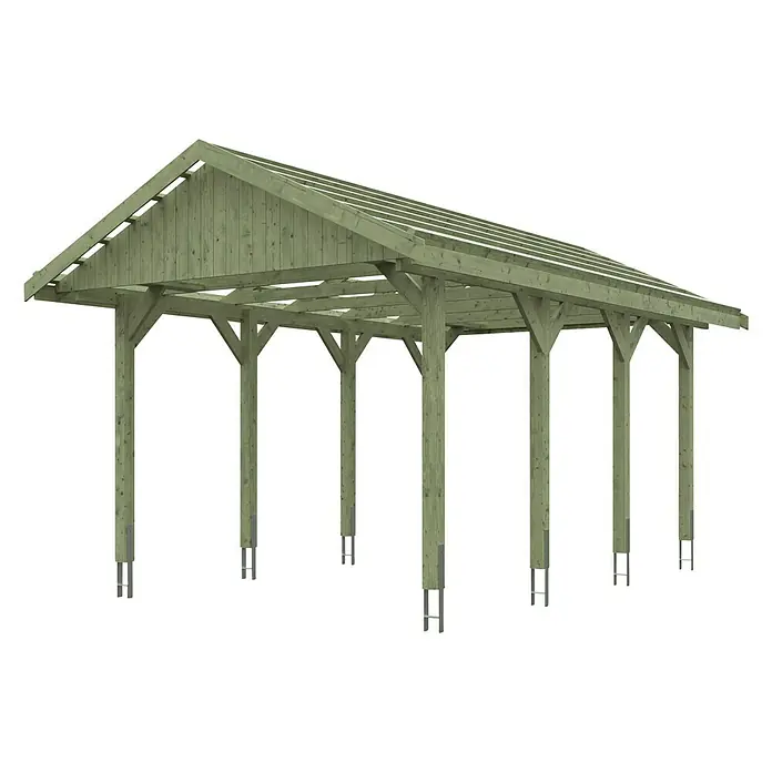 SKAN HOLZ Carport Wallgau - Außenmaß inkl. Dachüberstand (B x T): 3,8 x 6 m, Einzelcarport, Grün, Dachlatten zur Eindeckung mit Dachziegeln - Ein stilvolles Holzcarport mit Giebeldach. Die Konstruktion bietet Schutz vor Witterungseinflüssen und fügt sich nahtlos in die Umgebung ein.