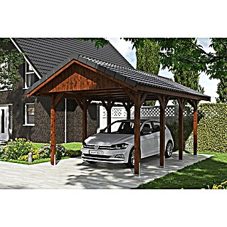 Skan Holz Carport Wallgau (Außenmaß inkl. Dachüberstand (B x T): 3,8 x 6 m, Einzelcarport, Nussbaum, Dachlatten zur Eindeckung mit Dachziegeln)