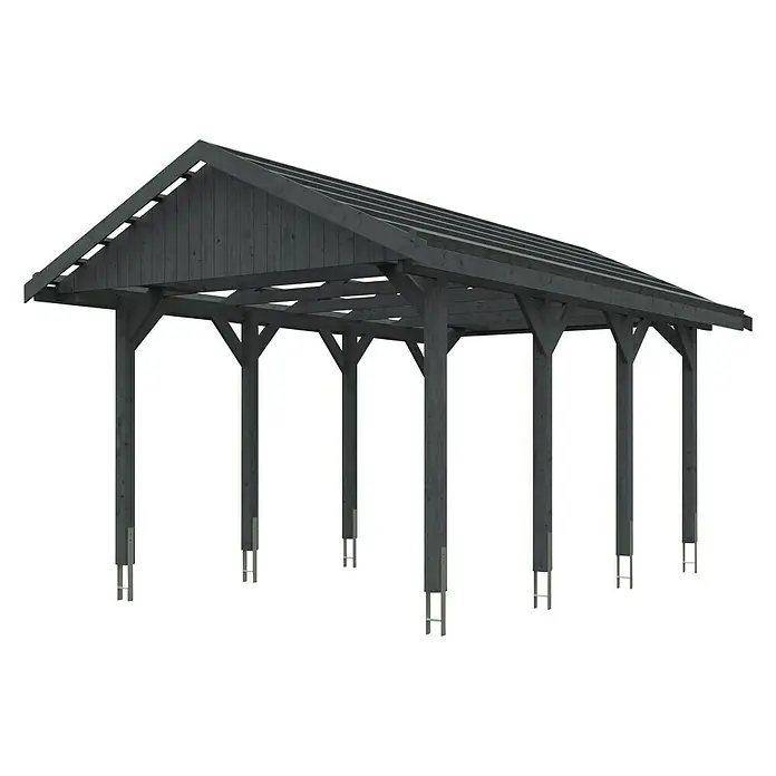 SKAN HOLZ Carport Wallgau - Außenmaß inkl. Dachüberstand (B x T): 3,8 x 6 m, Einzelcarport, Schiefergrau, Dachlatten zur Eindeckung mit Dachziegeln - Eine moderne, graue Holzkonstruktion für den Außenbereich, ideal als Carport oder überdachter Sitzbereich. Das Design ist schlicht und stabil.