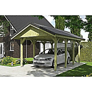 Skan Holz Carport Wallgau (Außenmaß inkl. Dachüberstand (B x T): 3,8 x 6 m, Einzelcarport, Grün, Dachlatten zur Eindeckung mit Dachziegeln)