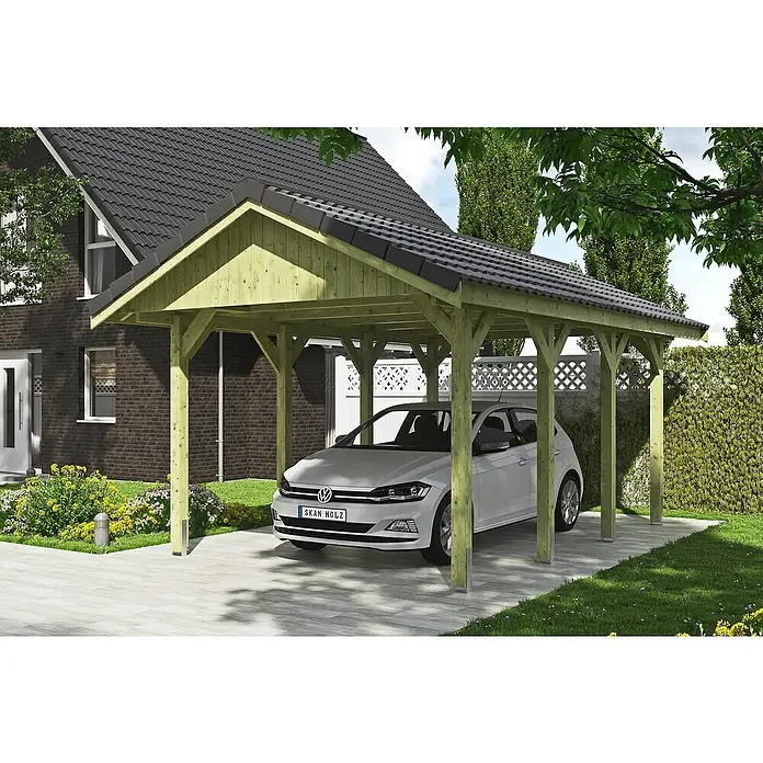 SKAN HOLZ Carport Wallgau - Außenmaß inkl. Dachüberstand (B x T): 3,8 x 6 m, Einzelcarport, Grün, Dachlatten zur Eindeckung mit Dachziegeln - Dieses Bild zeigt ein Carport aus Holz mit einem darauf geparkten weißen Auto. Der Unterstand ist mit dunklen Dachziegeln bedeckt.