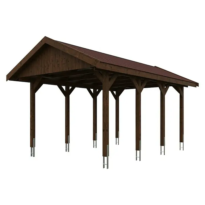 SKAN HOLZ Carport Wallgau - Außenmaß inkl. Dachüberstand (B x T): 3,8 x 6 m, Einzelcarport, Nussbaum, Farbe Dach: Rot, Materialspezifizierung Dach: Fichte, Bitumen - Ein stilvoller, brauner Holzcarport mit stabilen Pfosten und einem schützenden Dach, ideal für den Unterstand von Fahrzeugen und als Wetterschutz.
