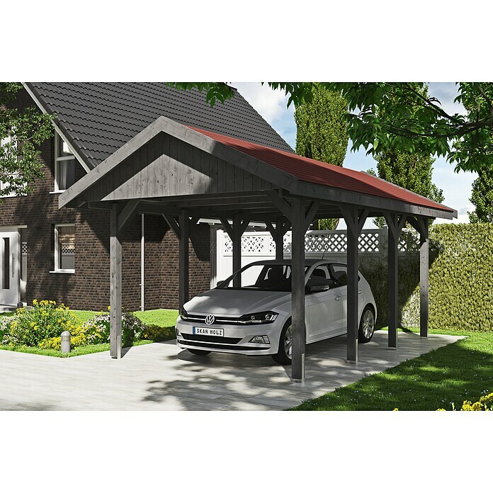 Skan Holz Carport Wallgau (Außenmaß inkl. Dachüberstand (B x T): 3,8 x 6 m, Einzelcarport, Schiefergrau, Rote Bitumenschindeln) | BAUHAUS