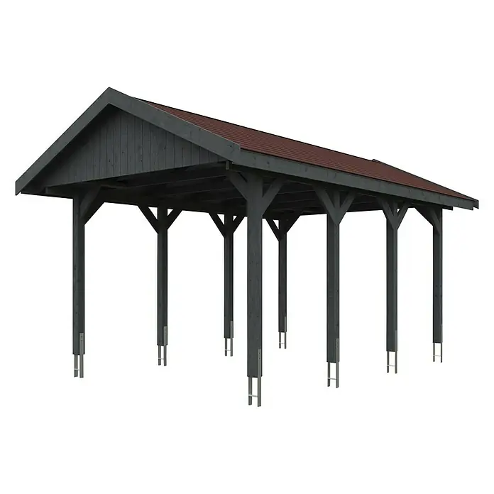 SKAN HOLZ Carport Wallgau - Außenmaß inkl. Dachüberstand (B x T): 3,8 x 6 m, Einzelcarport, Schiefergrau, Rote Bitumenschindeln - Diese Aufnahme zeigt ein Holz-Carport mit rotem Ziegeldach. Seine Konstruktion wird von stabilen, grauen Säulen getragen.