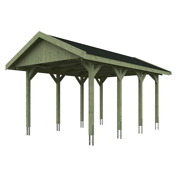 SKAN HOLZ Carport Wallgau - Außenmaß inkl. Dachüberstand (B x T): 3,8 x 6 m, Einzelcarport, Grün, Farbe Dach: Schwarz - Diese Abbildung zeigt ein Carport mit Holzkonstruktion und einem schützenden Dach. Das Carport bietet eine robuste und langlebige Lösung.