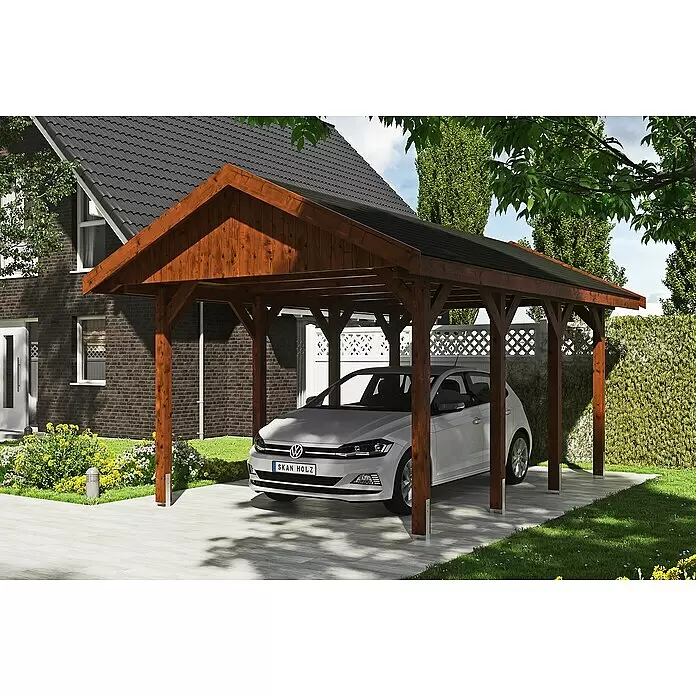 SKAN HOLZ Carport Wallgau - Außenmaß inkl. Dachüberstand (B x T): 3,8 x 6 m, Einzelcarport, Nussbaum, Farbe Dach: Schwarz, Materialspezifizierung Dach: Fichte, Bitumen - Anwendungsbeispiel