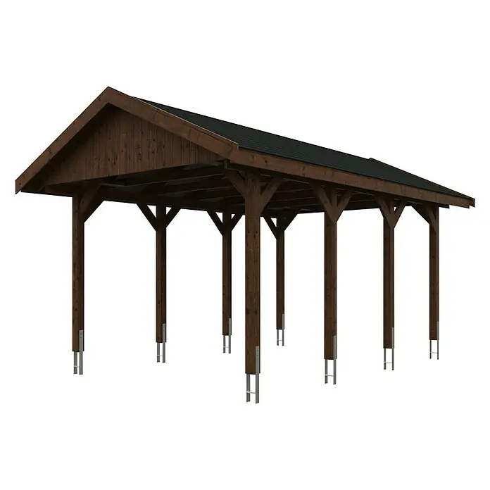 SKAN HOLZ Carport Wallgau - Außenmaß inkl. Dachüberstand (B x T): 3,8 x 6 m, Einzelcarport, Nussbaum, Farbe Dach: Schwarz, Materialspezifizierung Dach: Fichte, Bitumen - Freistehender Holzcarport mit stabilem Unterbau und Satteldach für sicheren Schutz von Fahrzeugen vor Witterungseinflüssen.