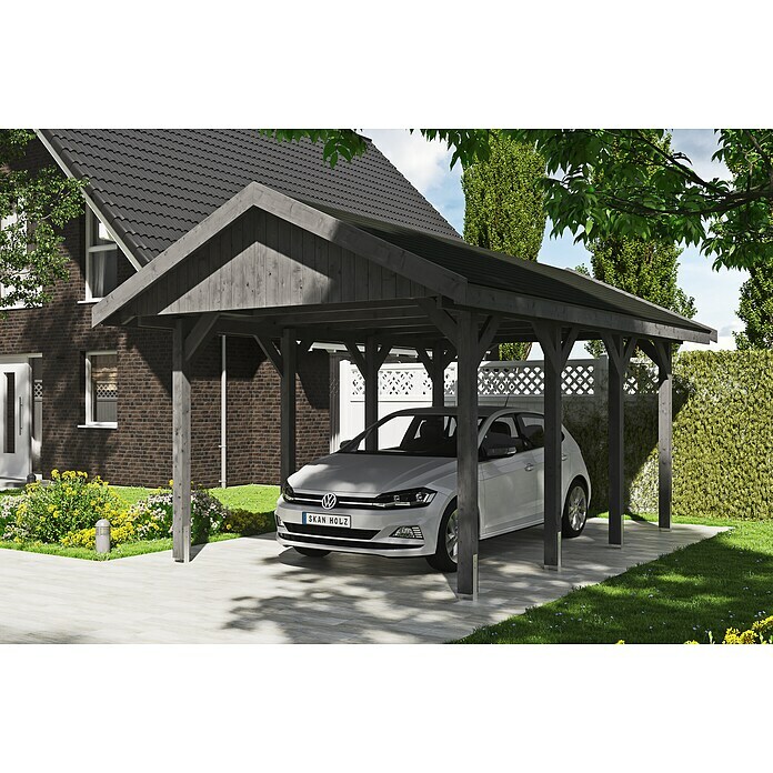 SKAN HOLZ Carport Wallgau (Außenmaß inkl. Dachüberstand (B x T): 3,8 x 6 m, Einzelcarport, Schiefergrau, Farbe Dach: Schwarz, Materialspezifizierung Dach: Fichte, Bitumen) | BAUHAUS