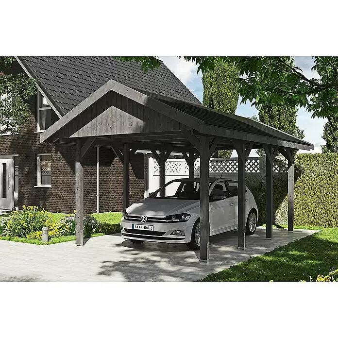 SKAN HOLZ Carport Wallgau - Außenmaß inkl. Dachüberstand (B x T): 3,8 x 6 m, Einzelcarport, Schiefergrau, Farbe Dach: Schwarz, Materialspezifizierung Dach: Fichte, Bitumen - Anwendungsbeispiel