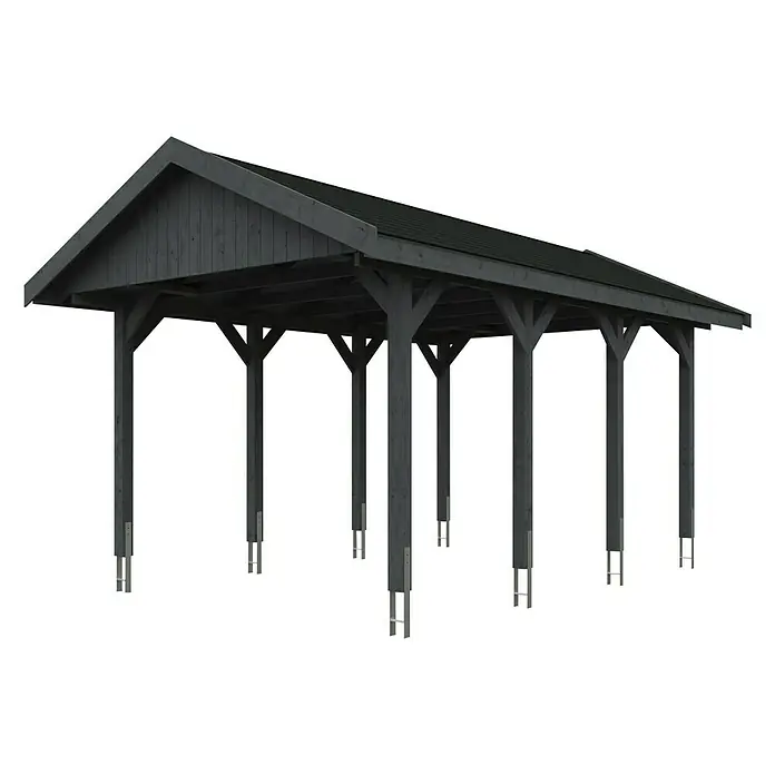 SKAN HOLZ Carport Wallgau - Außenmaß inkl. Dachüberstand (B x T): 3,8 x 6 m, Einzelcarport, Schiefergrau, Farbe Dach: Schwarz, Materialspezifizierung Dach: Fichte, Bitumen - Das Bild zeigt eine stilvolle, dunkle Holzkonstruktion, die als Carport oder überdachter Bereich im Freien dienen könnte. Die Konstruktion wirkt robust und elegant.