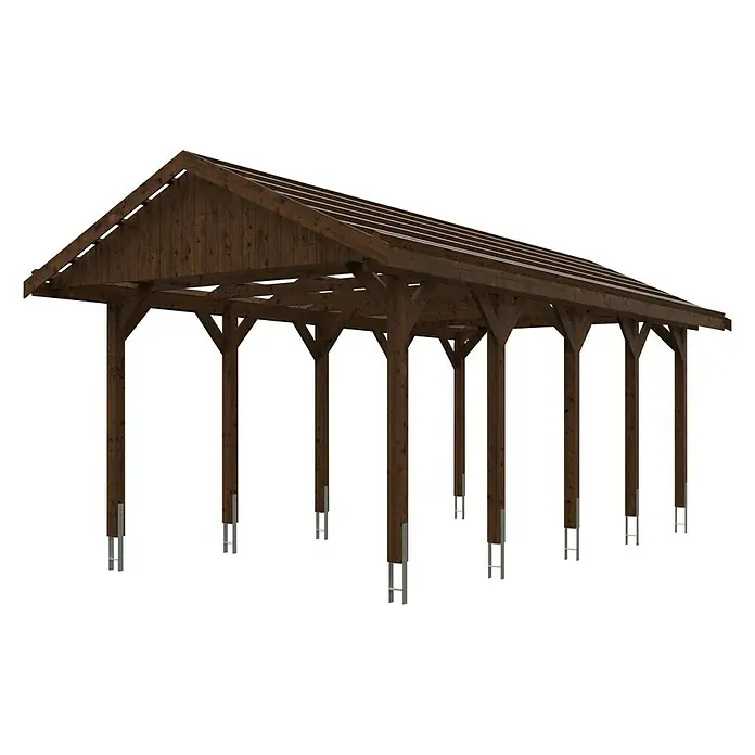 SKAN HOLZ Carport Wallgau - Außenmaß inkl. Dachüberstand (B x T): 3,8 x 7,5 m, Einzelcarport, Nussbaum - Diese Aufnahme zeigt einen Pavillon mit einer Holzkonstruktion und einem dunkelbraunen Dach. Die Pfosten sind mit Metallbefestigungen versehen.
