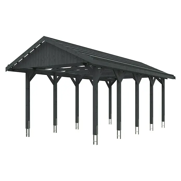 SKAN HOLZ Carport Wallgau - Außenmaß inkl. Dachüberstand (B x T): 3,8 x 7,5 m, Einzelcarport, Schiefergrau - Darstellung eines Pavillons mit Holzkonstruktion und dunklem Finish, ideal für Gärten oder Veranstaltungen im Freien.