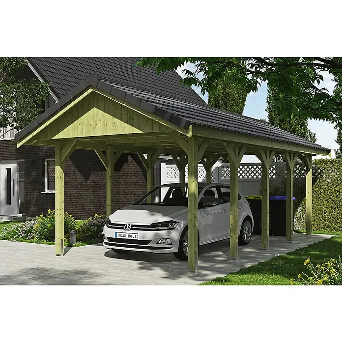 SKAN HOLZ Carport Wallgau - Außenmaß inkl. Dachüberstand (B x T): 3,8 x 7,5 m, Einzelcarport, Grün - Ein Carport aus Holz mit einem weißen PKW darunter, der Schutz vor Witterung bietet und das Fahrzeug stilvoll präsentiert.