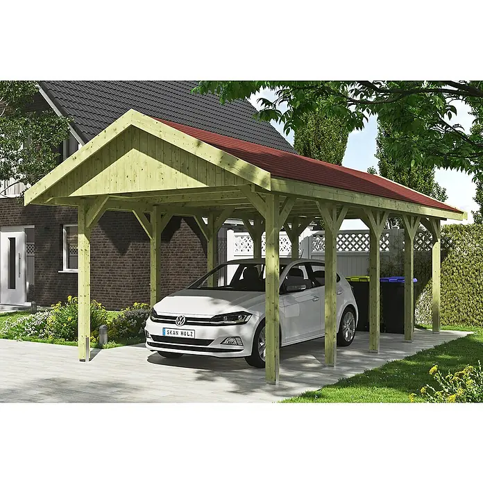 SKAN HOLZ Carport Wallgau - Außenmaß inkl. Dachüberstand (B x T): 3,8 x 7,5 m, Einzelcarport, Grün, Farbe Dach: Rot - Ein Carport aus Holz mit einem roten Dach, unter dem ein weißes Auto parkt. Es bietet Schutz vor Witterungseinflüssen.