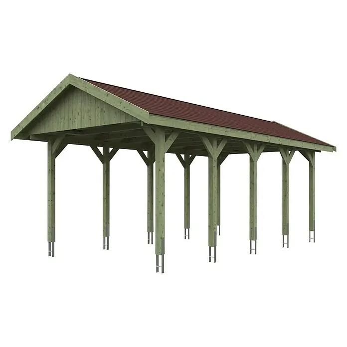 SKAN HOLZ Carport Wallgau - Außenmaß inkl. Dachüberstand (B x T): 3,8 x 7,5 m, Einzelcarport, Grün, Farbe Dach: Rot - Holzcarport mit Satteldach und mehreren Stützpfeilern. Ideal für den Schutz von Fahrzeugen vor Witterungseinflüssen.