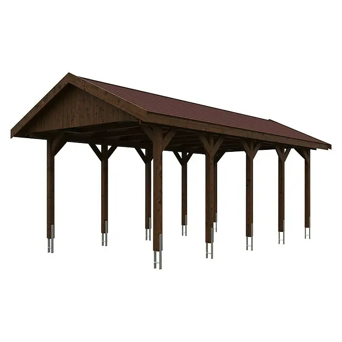 SKAN HOLZ Carport Wallgau - Außenmaß inkl. Dachüberstand (B x T): 3,8 x 7,5 m, Einzelcarport, Nussbaum, Farbe Dach: Rot - Robuster Carport aus Holz mit braunem Dach, ideal für den Schutz von Fahrzeugen vor Witterungseinflüssen. Solide Bauweise für lange Lebensdauer.