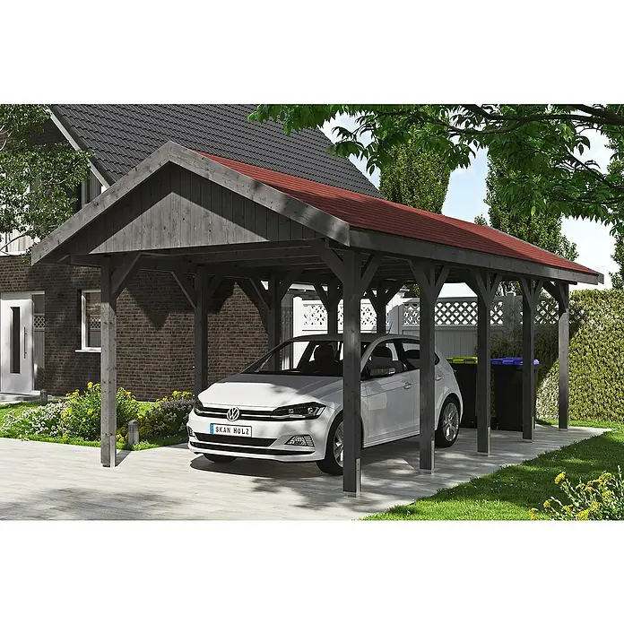 SKAN HOLZ Carport Wallgau - Außenmaß inkl. Dachüberstand (B x T): 3,8 x 7,5 m, Einzelcarport, Schiefergrau, Rote Bitumenschindeln - Ein stilvoller Holzunterstand mit rotem Dach schützt ein weißes Auto vor den Elementen und fügt sich nahtlos in den Garten ein.