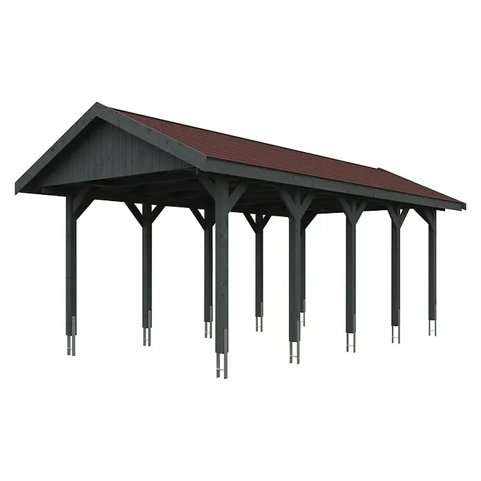 SKAN HOLZ Carport Wallgau - Außenmaß inkl. Dachüberstand (B x T): 3,8 x 7,5 m, Einzelcarport, Schiefergrau, Rote Bitumenschindeln - Ein Carport mit rotem Dach und grauen Holzsäulen, das einen schützenden Unterstand für Fahrzeuge bietet. Praktisch und stilvoll.