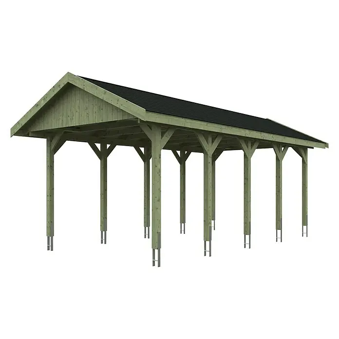 SKAN HOLZ Carport Wallgau - Außenmaß inkl. Dachüberstand (B x T): 3,8 x 7,5 m, Einzelcarport, Grün, Farbe Dach: Schwarz - Diese Abbildung zeigt einen überdachten Holzunterstand mit einem dunklen Dach und stabilen Stützpfeilern, ideal für Lagerung oder als Carport.
