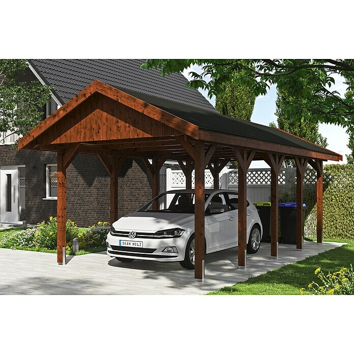 Skan Holz Carport Wallgau (Außenmaß inkl. Dachüberstand (B x T): 3,8 x 7,5 m, Einzelcarport, Nussbaum, Farbe Dach: Schwarz, Materialspezifizierung Dach: Fichte, Bitumen) | BAUHAUS