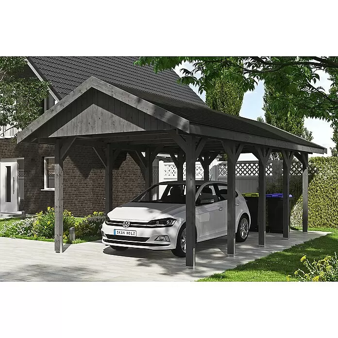 SKAN HOLZ Carport Wallgau - Außenmaß inkl. Dachüberstand (B x T): 3,8 x 7,5 m, Einzelcarport, Schiefergrau, Schwarze Bitumenschindeln - Anwendungsbeispiel