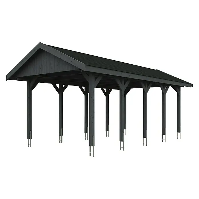 SKAN HOLZ Carport Wallgau - Außenmaß inkl. Dachüberstand (B x T): 3,8 x 7,5 m, Einzelcarport, Schiefergrau, Schwarze Bitumenschindeln - Bild eines Carports aus Holz, der Schutz vor Witterungseinflüssen bietet. Das Design ist schlicht und modern, passt gut in jeden Garten.