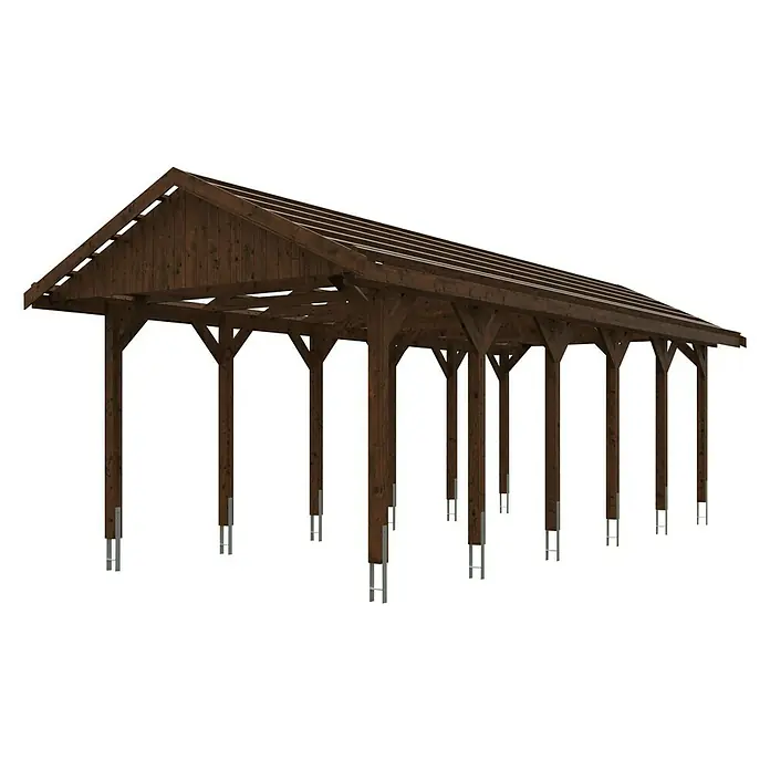 SKAN HOLZ Carport Wallgau - Außenmaß inkl. Dachüberstand (B x T): 3,8 x 9 m, Einzelcarport, Nussbaum - Stabile Holzkonstruktion: Ein Carport mit braunem Holzdach und stabilen Säulen auf silbernen Fundamenten. Optimaler Schutz für Fahrzeuge.