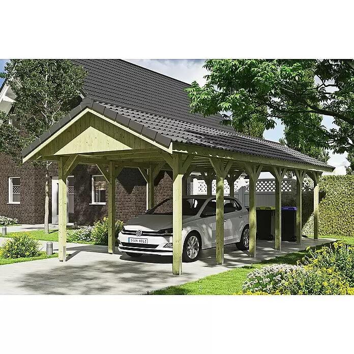 SKAN HOLZ Carport Wallgau - Außenmaß inkl. Dachüberstand (B x T): 3,8 x 9 m, Einzelcarport, Grün - Anwendungsbeispiel