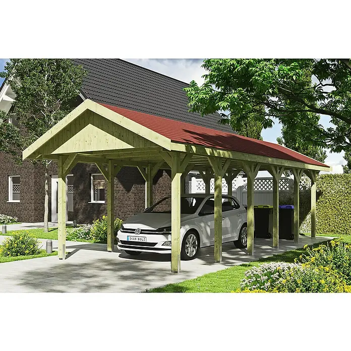 SKAN HOLZ Carport Wallgau - Außenmaß inkl. Dachüberstand (B x T): 3,8 x 9 m, Einzelcarport, Grün, Farbe Dach: Rot - Ein helles Holzcarport mit rotem Dach schützt ein weißes Auto. Der Carport bietet Stellfläche neben dem Haus und integriert sich perfekt in den Garten.