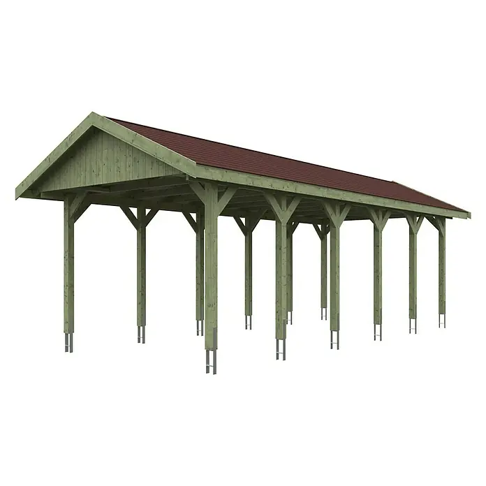 SKAN HOLZ Carport Wallgau - Außenmaß inkl. Dachüberstand (B x T): 3,8 x 9 m, Einzelcarport, Grün, Farbe Dach: Rot - Das Bild zeigt ein langes, grünes Carport mit einem roten Ziegeldach, das auf mehreren Stützpfeilern ruht. Ideal, um Fahrzeuge vor Wettereinflüssen zu schützen.