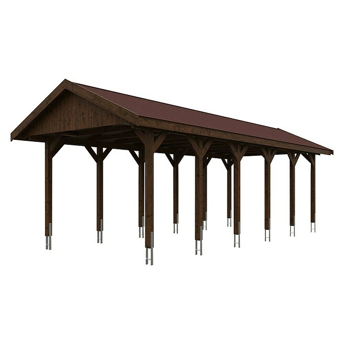 SKAN HOLZ Carport Wallgau (Außenmaß inkl. Dachüberstand (B x T): 3,8 x 9 m, Einzelcarport, Nussbaum, Farbe Dach: Rot) | BAUHAUS