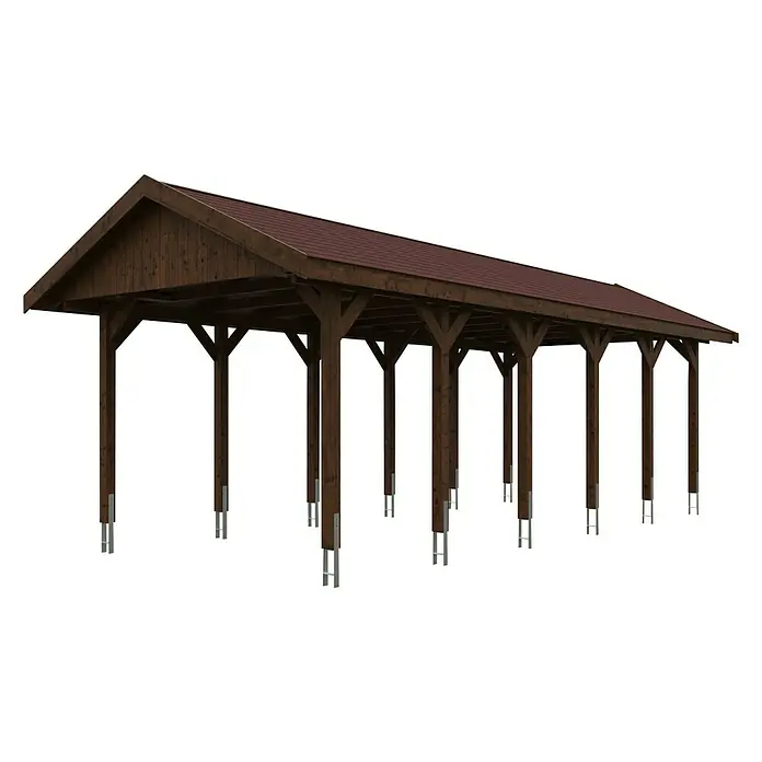 SKAN HOLZ Carport Wallgau - Außenmaß inkl. Dachüberstand (B x T): 3,8 x 9 m, Einzelcarport, Nussbaum, Farbe Dach: Rot - Carport aus Holz mit dunkelbraunem Dach. Ideal zum Schutz Ihres Fahrzeugs vor Witterungseinflüssen.