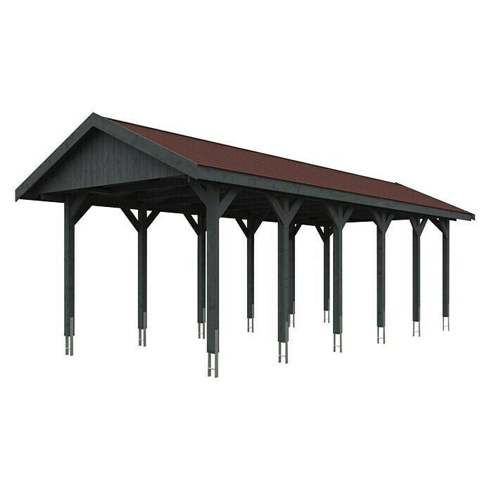 Skan Holz Carport Wallgau (Außenmaß inkl. Dachüberstand (B x T): 3,8 x 9 m, Einzelcarport, Schiefergrau, Rote Bitumenschindeln) | BAUHAUS