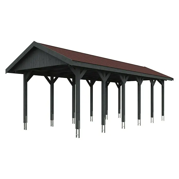 SKAN HOLZ Carport Wallgau - Außenmaß inkl. Dachüberstand (B x T): 3,8 x 9 m, Einzelcarport, Schiefergrau, Rote Bitumenschindeln - Bild eines großen Holzcarports mit rotem Dach. Die Konstruktion bietet Schutz und Schatten.
