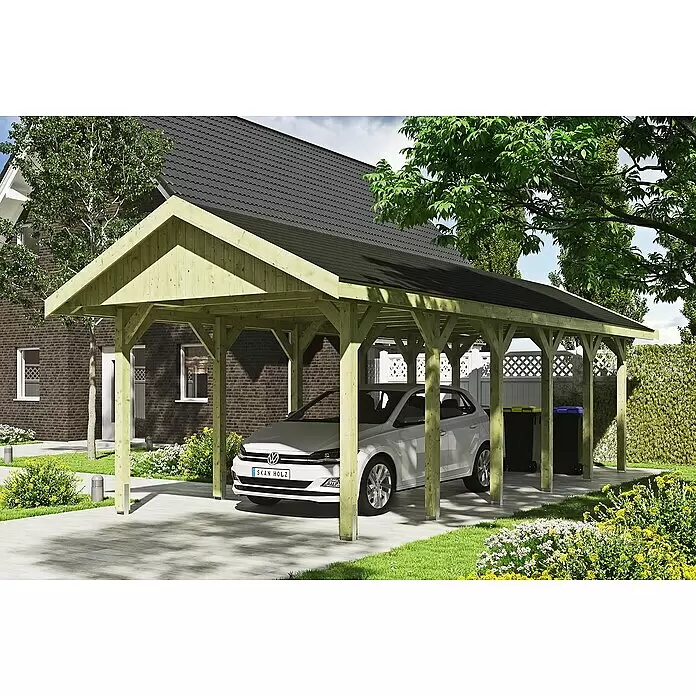 SKAN HOLZ Carport Wallgau - Außenmaß inkl. Dachüberstand (B x T): 3,8 x 9 m, Einzelcarport, Grün, Farbe Dach: Schwarz - Anwendungsbeispiel