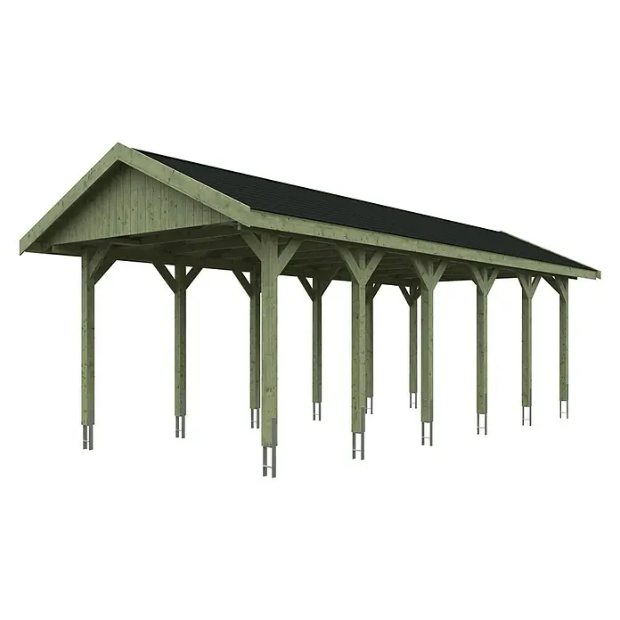 SKAN HOLZ Carport Wallgau - Außenmaß inkl. Dachüberstand (B x T): 3,8 x 9 m, Einzelcarport, Grün, Farbe Dach: Schwarz - Ansicht eines langen, offenen Holzcarports mit dunklem Dach und mehreren Stützpfeilern auf einem schwarzen Hintergrund.