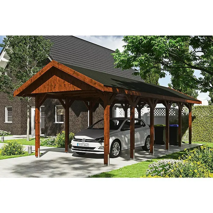 SKAN HOLZ Carport Wallgau - Außenmaß inkl. Dachüberstand (B x T): 3,8 x 9 m, Einzelcarport, Nussbaum, Schwarze Bitumenschindeln - Carport aus Holz mit Auto. Das Carport bietet Schutz für Fahrzeuge und wertet gleichzeitig den Außenbereich auf.