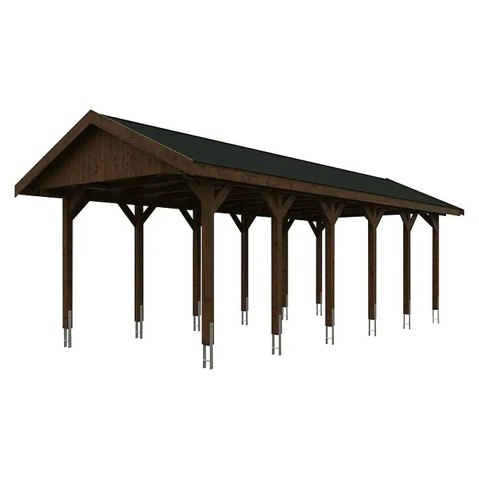 SKAN HOLZ Carport Wallgau - Außenmaß inkl. Dachüberstand (B x T): 3,8 x 9 m, Einzelcarport, Nussbaum, Schwarze Bitumenschindeln - Ein stilvoller Holzunterstand mit dunklem Dach und stabilen Stützpfeilern für vielseitige Nutzung im Außenbereich.