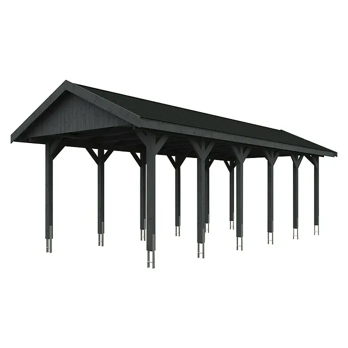 SKAN HOLZ Carport Wallgau - Außenmaß inkl. Dachüberstand (B x T): 3,8 x 9 m, Einzelcarport, Schiefergrau, Schwarze Bitumenschindeln - Abbildung eines Carports mit dunklem Holz und silbernen Metallpfosten. Der Carport hat ein Satteldach und viele Stützpfeiler.