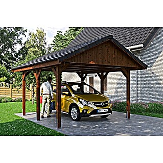 Skan Holz Carport Wallgau (Außenmaß inkl. Dachüberstand (B x T): 4,3 x 5 m, Einzelcarport, Nussbaum, Dachlatten zur Eindeckung mit Dachziegeln)