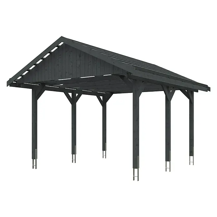 SKAN HOLZ Carport Wallgau - Außenmaß inkl. Dachüberstand (B x T): 4,3 x 5 m, Einzelcarport, Schiefergrau, Dachlatten zur Eindeckung mit Dachziegeln - Eine graue Holzpergola mit einem schrägen Dach und mehreren Stützpfosten auf einem schwarzen Hintergrund.