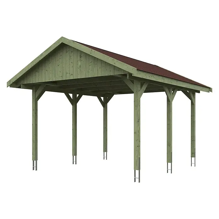 SKAN HOLZ Carport Wallgau - Außenmaß inkl. Dachüberstand (B x T): 4,3 x 5 m, Einzelcarport, Grün, Farbe Dach: Rot - Bild einer Holzkonstruktion, die als Unterstand dient, mit einem roten Dach auf stabilen Stützen. Ideal für den Garten oder als Carport.